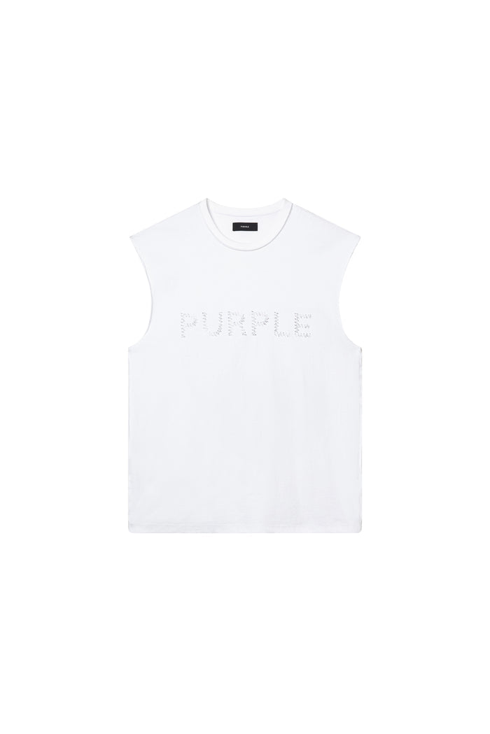Beaded Wordmark Tank Top in brilliant white with textured jersey and iridescent beading.