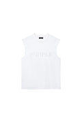 Beaded Wordmark Tank Top in brilliant white with textured jersey and iridescent beading.
