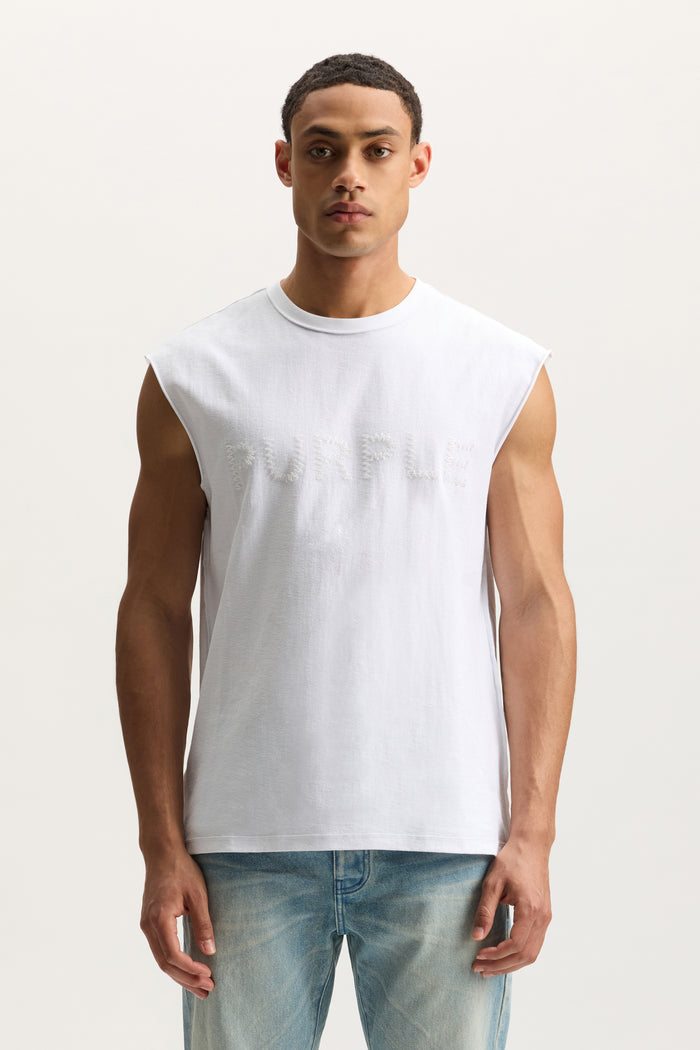 Beaded Wordmark Tank Top with iridescent beading in textured jersey fabric, regular fit.