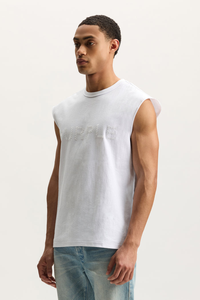 Beaded Wordmark Tank Top in textured jersey with iridescent beading, available in sizes XS to 3XL.