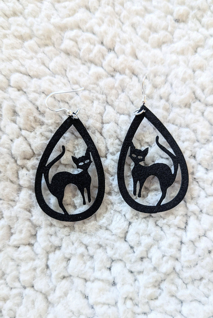 Black Cat Faux Leather Drop Dangle Earrings