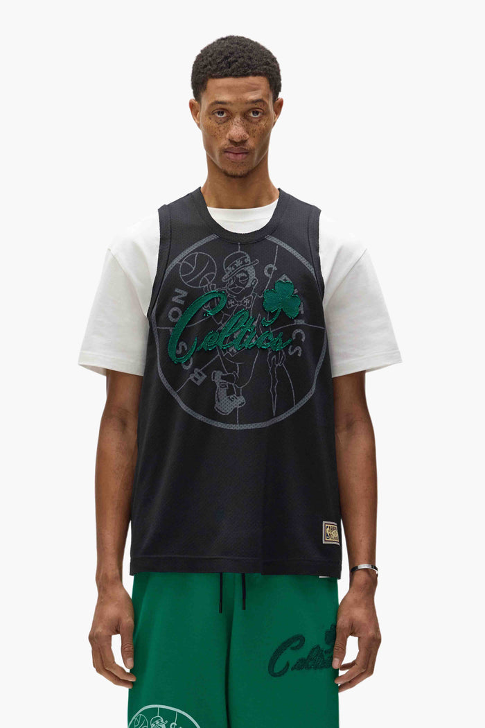 Boston Celtics Mesh Jersey with embroidered appliqué graphics, available in various sizes.