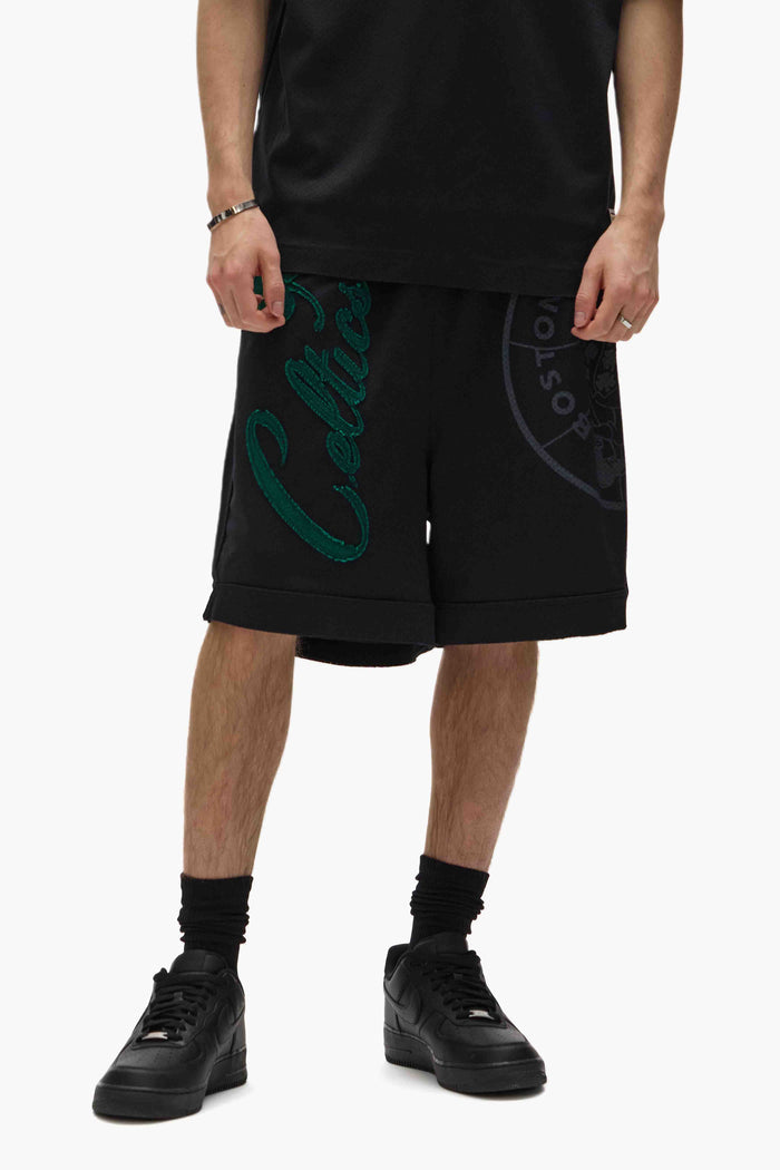 Boston Celtics Mesh Shorts with elastic waistband and drawcords, available in multiple sizes.