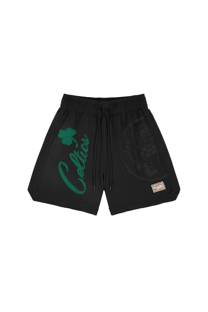 Boston Celtics Mesh Shorts with elastic waistband and drawcords, available in sizes XS to 3XL.