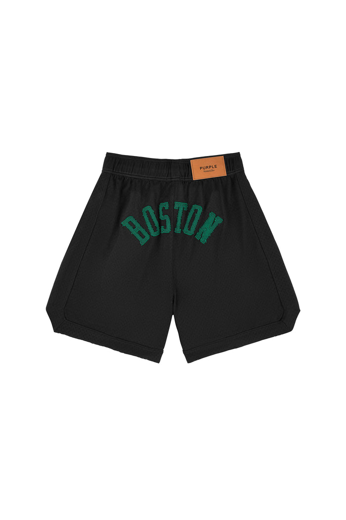 Boston Celtics Mesh Shorts with elastic waistband and drawcords, available in various sizes.
