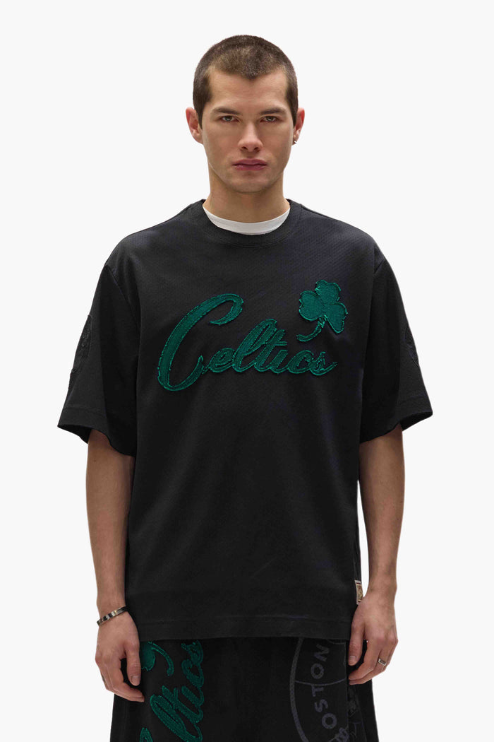 Boston Celtics Mesh Tee, heavyweight polyester with embroidered graphics, available in various sizes.