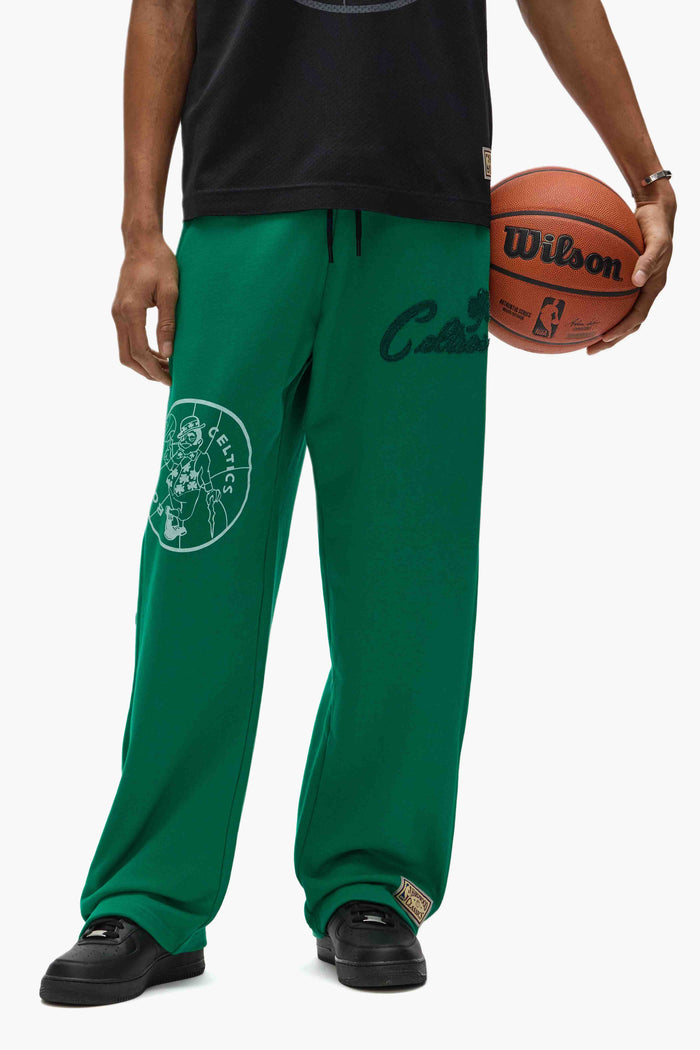 Boston Celtics Snap Pants with snap buttons, elastic waistband, and embroidered graphics.