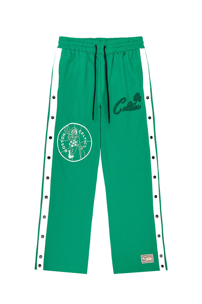 Boston Celtics Snap Pants with snap buttons, elastic waistband, and embroidered details.
