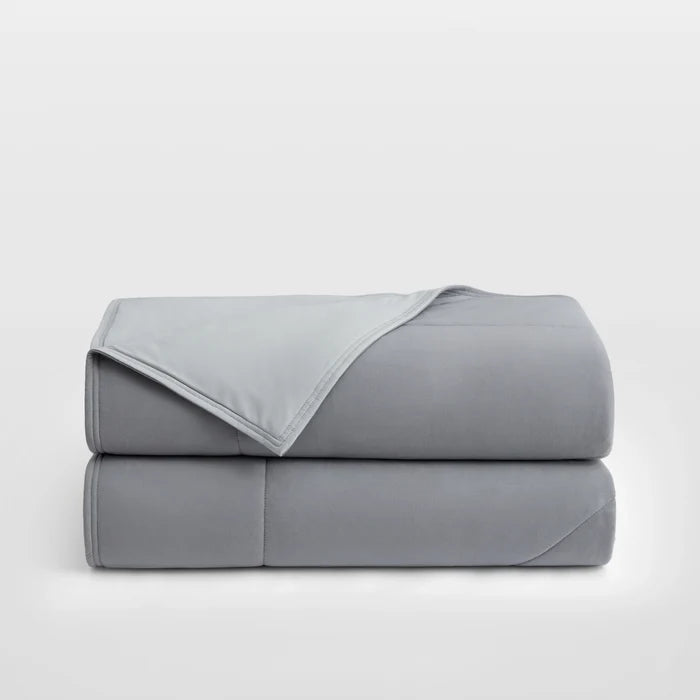 Breescape dual-sided cooling comforter in misty grey colorblock design for hot sleepers.