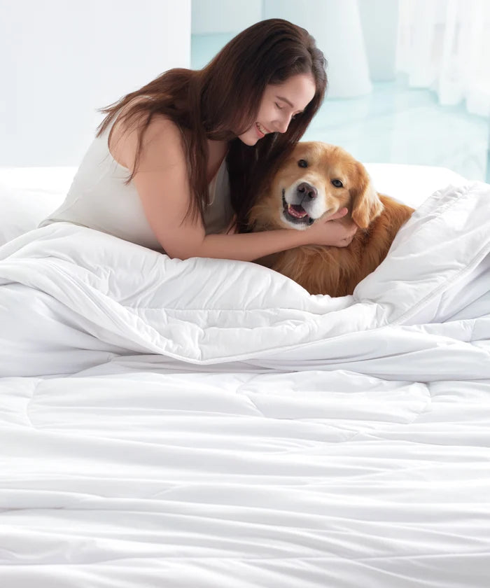 Breescape Cooling Comforter with woman and golden retriever in soft snow white bedding