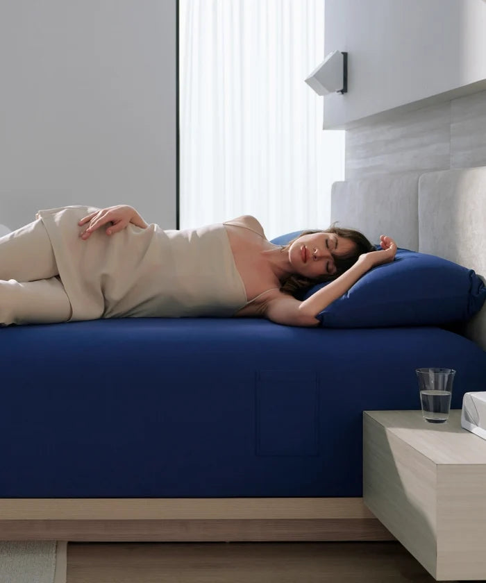 Breescape twilight blue cooling fitted sheet: instant cool touch, breathable bedding for hot sleepers.