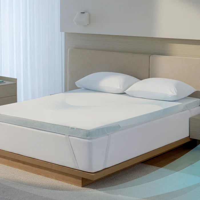 Breescape cooling mattress topper for hot sleepers with breathable twilight blue mesh edge.