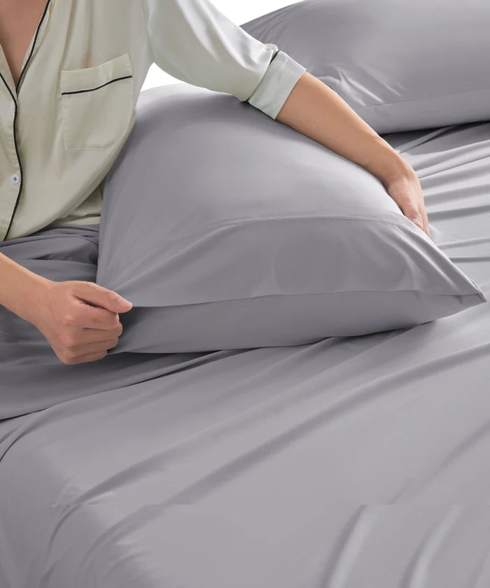 Breescape misty grey pillowcase for hot sleepers, providing cool touch & breathable comfort.