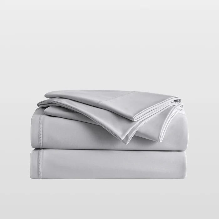 Breescape misty grey cooling sheets: breathable, cold touch bedding for hot sleepers.