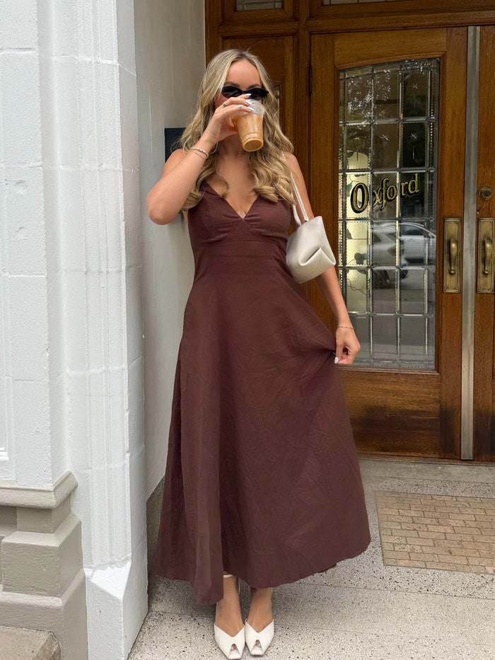 Callan Linen Maxi Dress in Brown - Stitch And Feather