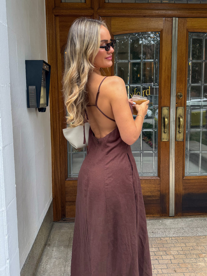 Callan Linen Maxi Dress in Brown - Stitch And Feather