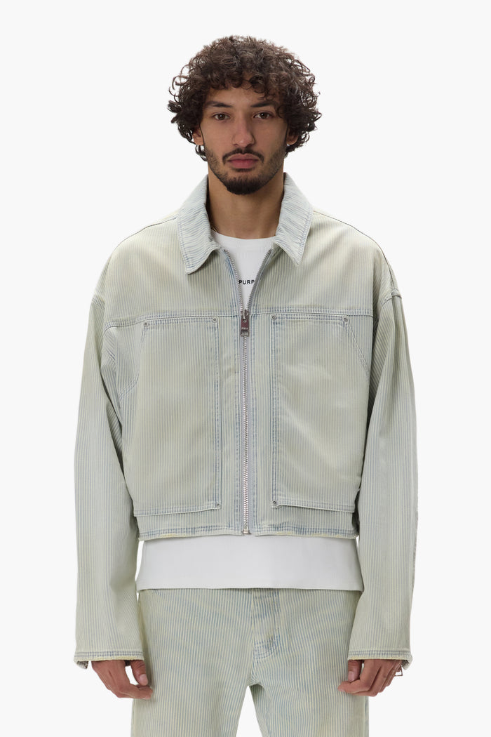 Carpenter Hickory Jacket with stripes, cropped length, and pockets in relaxed fit.