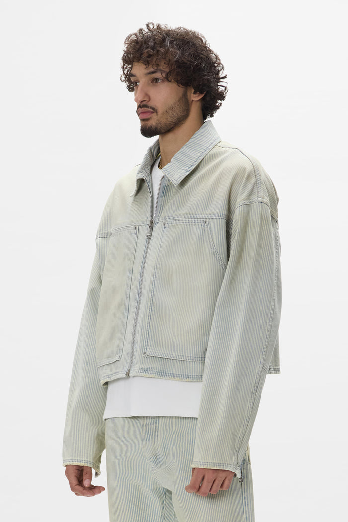 Carpenter Hickory Jacket with cropped length, relaxed fit, and hickory stripes design.