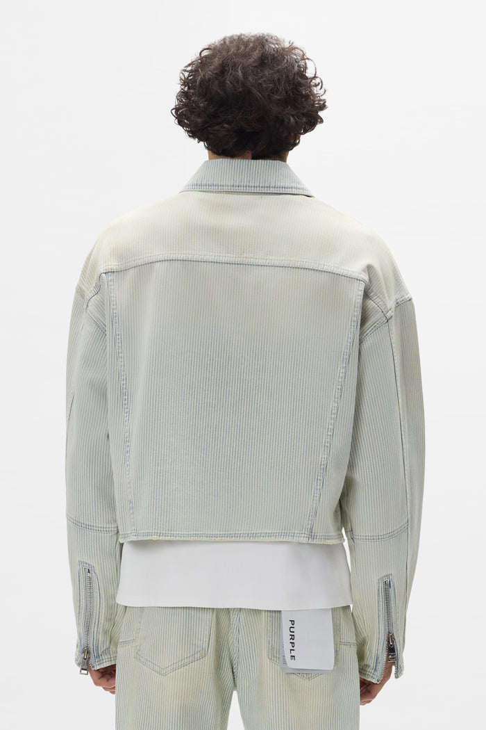 Hickory striped Carpenter jacket with relaxed fit, cropped length and elbow darts.