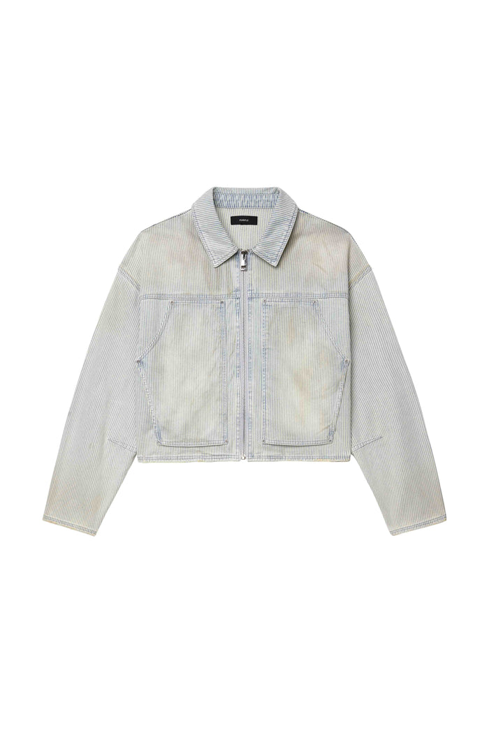 Carpenter Hickory Jacket in light indigo, 100% cotton, relaxed fit with cropped length and pockets.