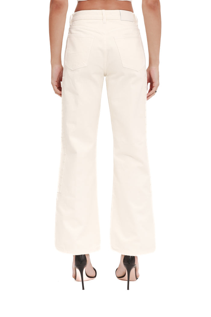 Carpenter Wide Pearl denim with wide leg design and pearl studs, available in sizes 24-34.