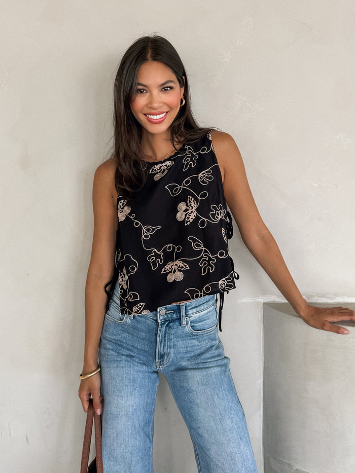 Celia Embroidered Top in Black - Stitch And Feather