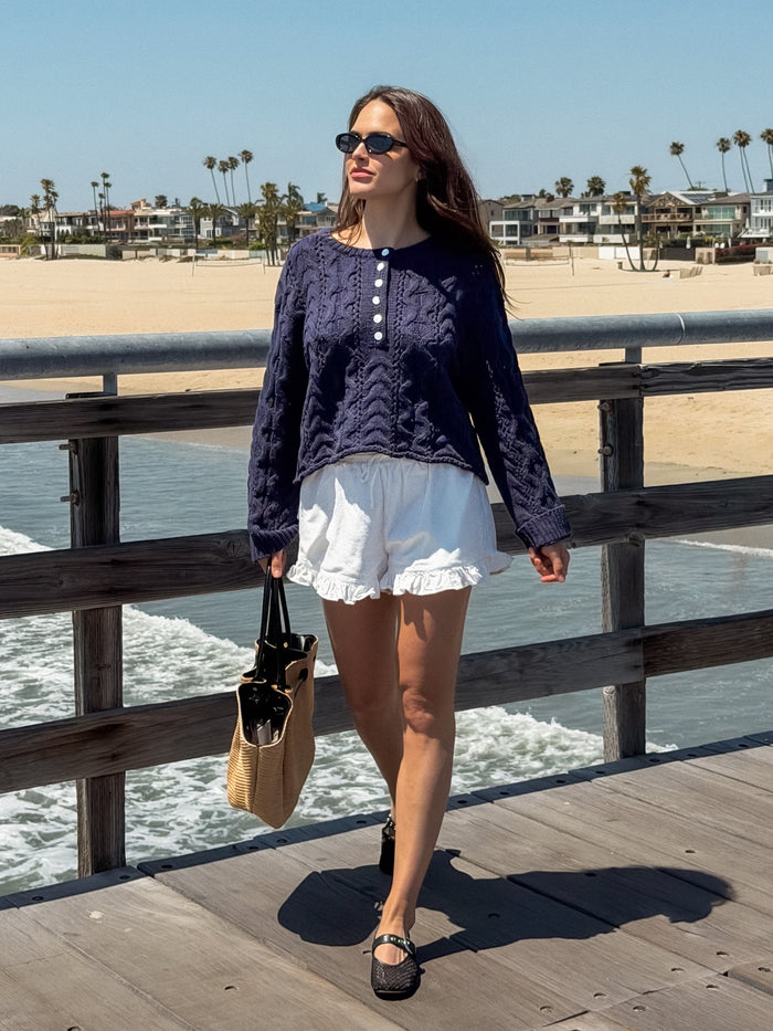 Charlie Cable Knit Sweater in Navy - Stitch And Feather