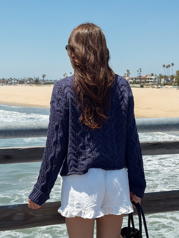 Charlie Cable Knit Sweater in Navy - Stitch And Feather