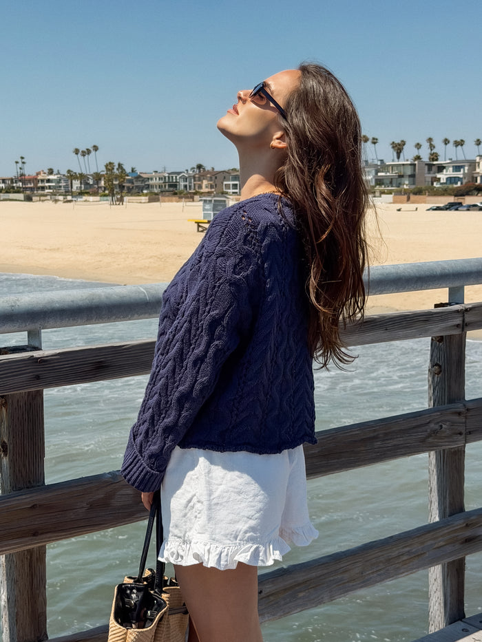 Charlie Cable Knit Sweater in Navy - Stitch And Feather