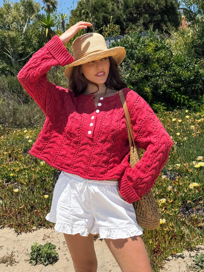 Charlie Cable Knit Sweater in Red - Stitch And Feather