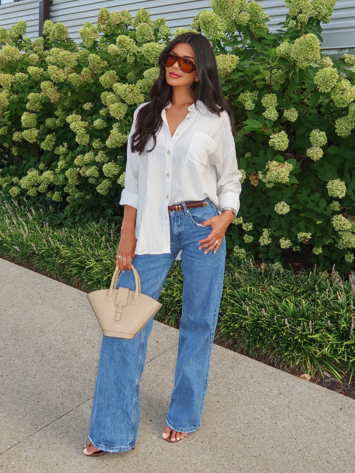 Charlize Stripe Button Down in Cream - Stitch And Feather