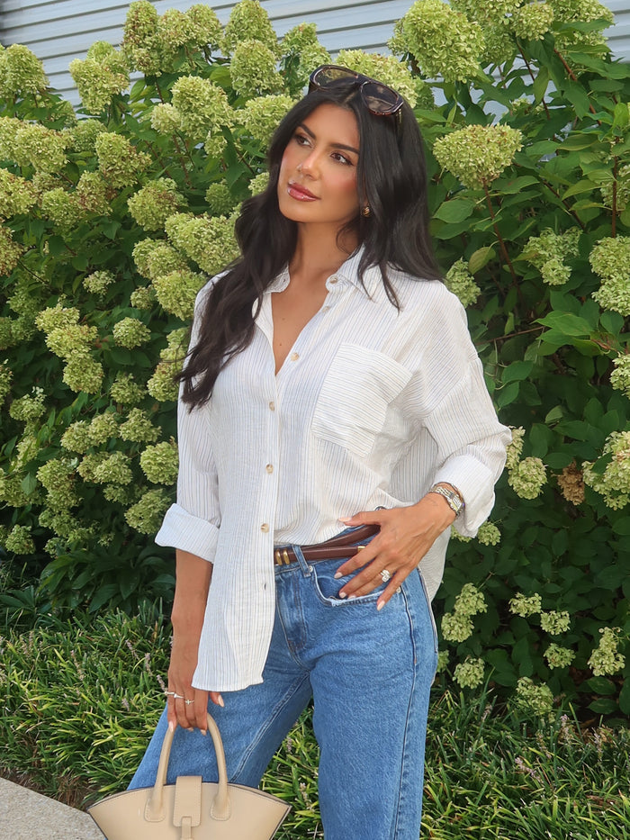 Charlize Stripe Button Down in Cream - Stitch And Feather