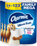 Charmin Ultra Soft Cushiony Touch Toilet Paper, 24 Family Mega = 123 Regular Rolls, White