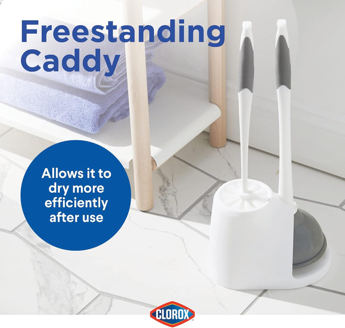 Clorox Toilet Plunger and Bowl Brush Combo with Caddy, 6.75 x 7 x 19.5 in, White/Gray