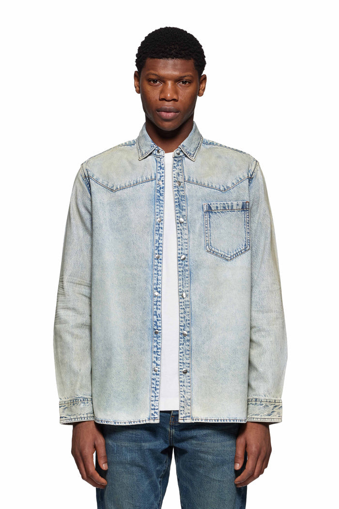 Coated Western Shirt in light indigo wash with chest pocket and western yoke details.