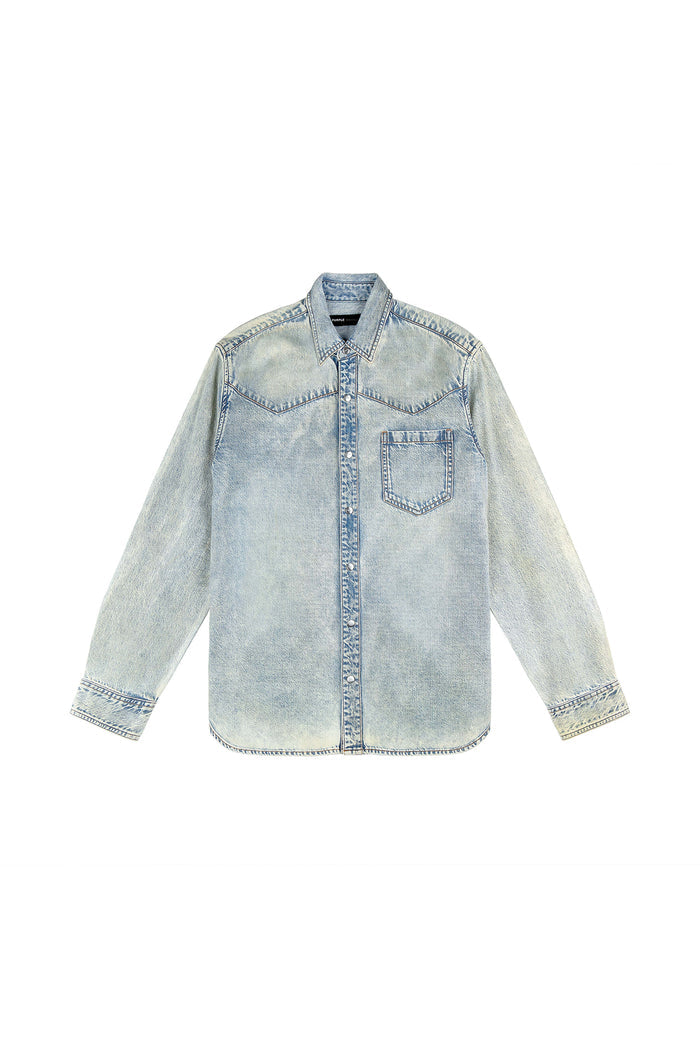 Coated Western Shirt in light indigo wash with front chest pocket and snap front closure.