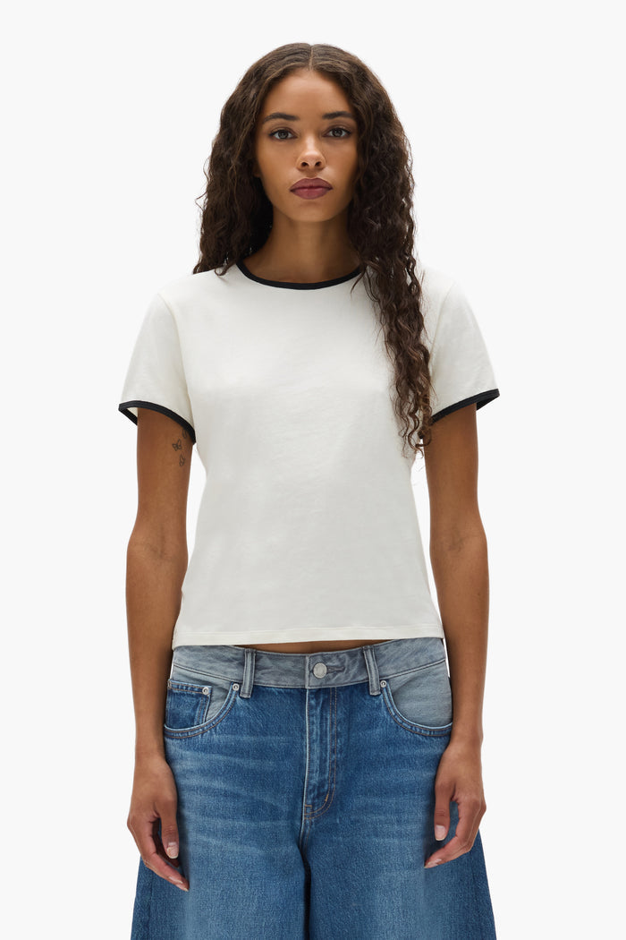 Collegiate Cut Tee in off-white, 100% cotton, lightweight jersey, skinny fit with embroidery.