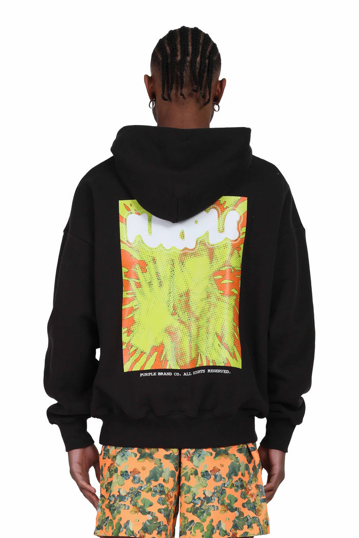 Color Pop Hoodie oversized fit in purple with logo on left chest and graphic on back.