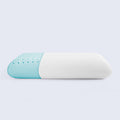 Two-toned blue and white pillow on a light gray background, featuring breathable layers