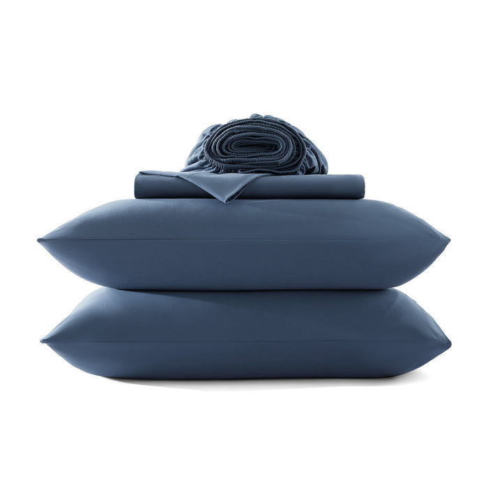 Navy cotton jersey sheet set with matching pillowcases