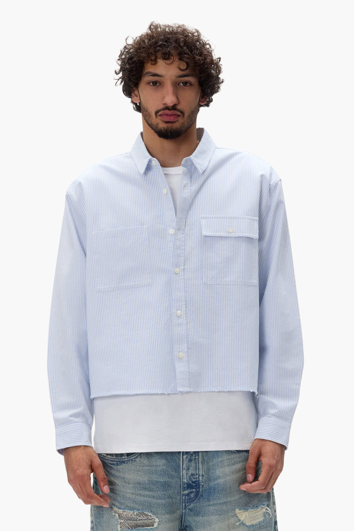 Cropped Poplin Shirt with relaxed fit, lightweight striped poplin, and button chest pocket.
