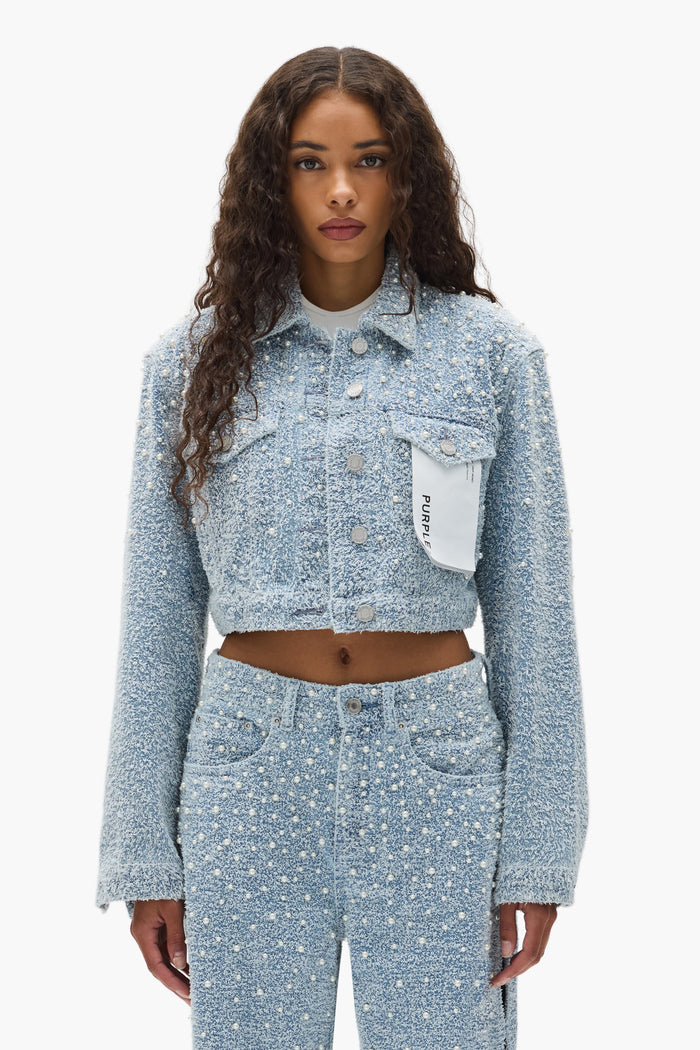 Cropped Textured Pearl Jacket with pearl embellishment and front pockets in regular fit.