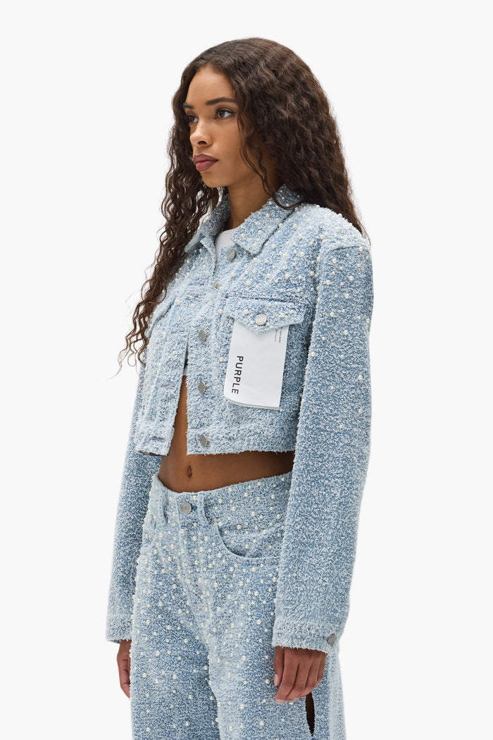 Cropped Textured Pearl Jacket with front pockets, button closure, and adjustable tabs