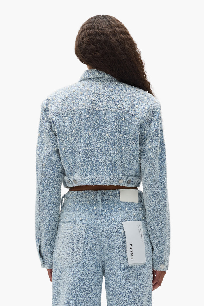 Cropped Textured Pearl Jacket in regular fit with button closure and pearl embellishment