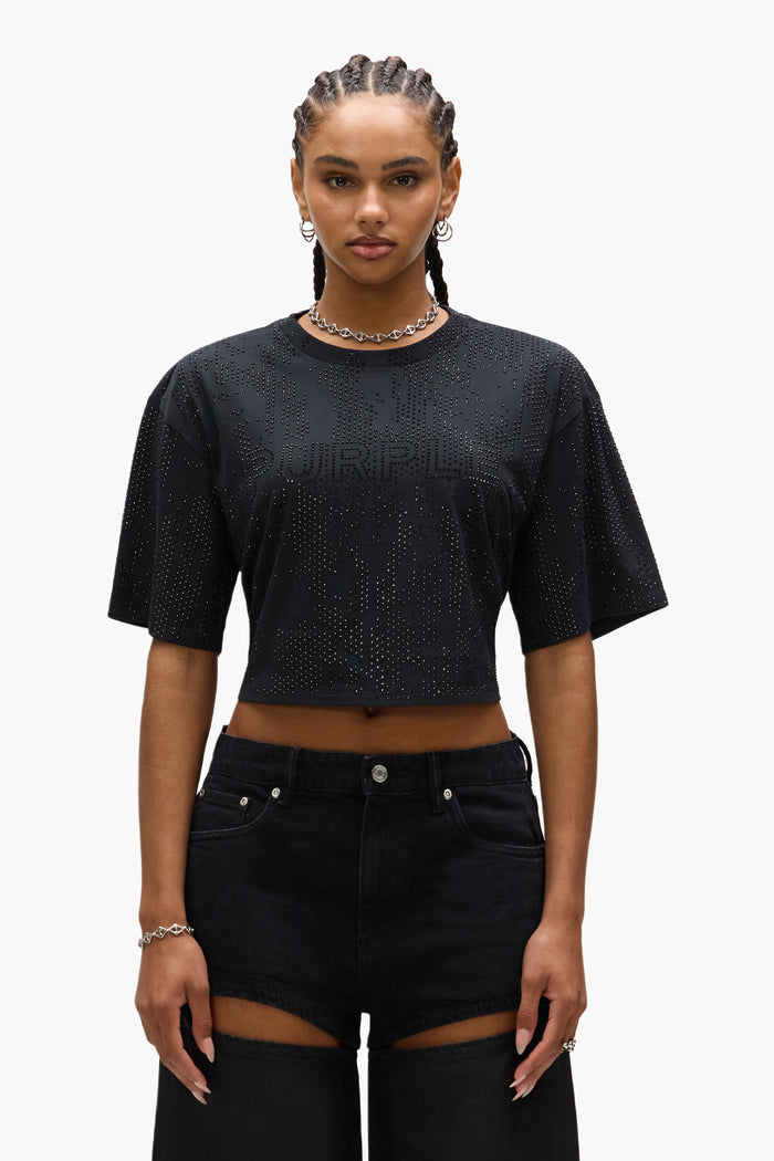 Crystal Camo Cropped Tee with a crewneck, cropped hem, and hotfix crystals, available in multiple sizes.