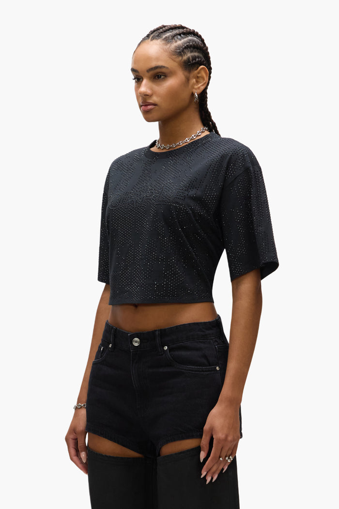 Crystal Camo Cropped Tee in XXS with relaxed fit, crewneck, and hotfix crystals.