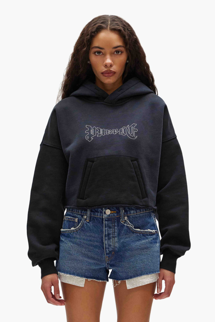 Crystal Cropped Hoodie in oversized fit with kangaroo pocket and raw-edged hem.