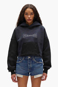 Crystal Cropped Hoodie in oversized fit with kangaroo pocket and raw-edged hem.