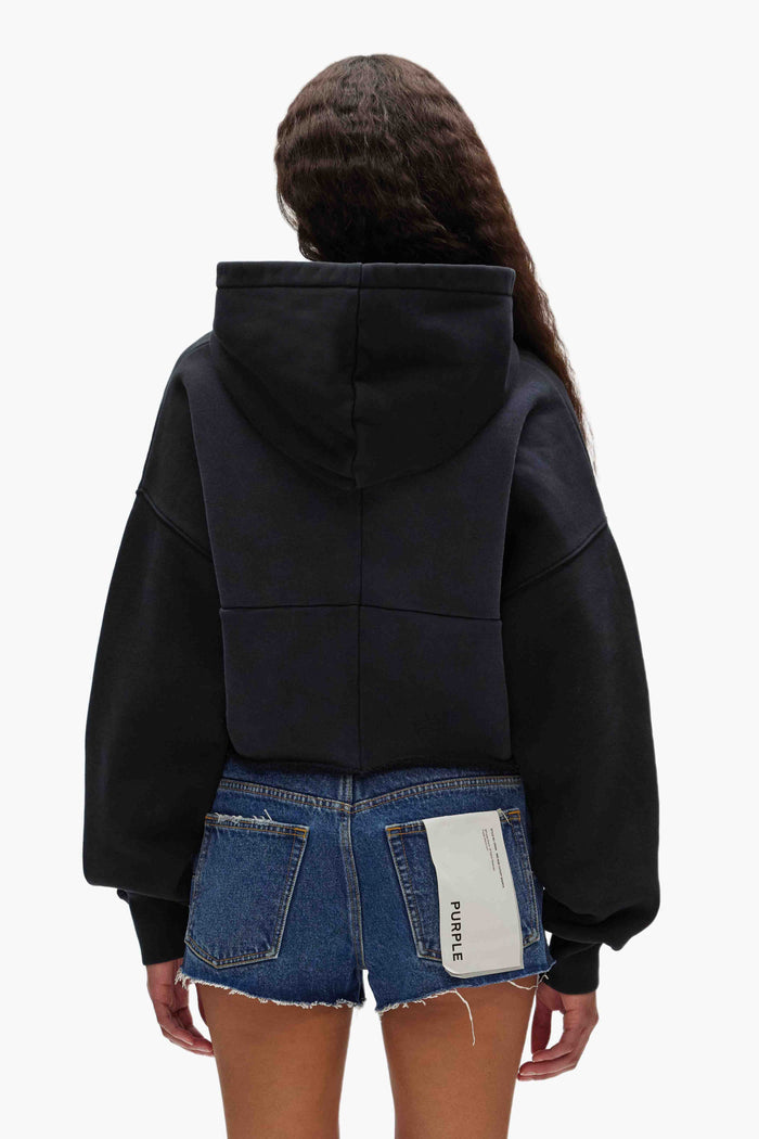 Crystal Cropped Hoodie in oversized fit with kangaroo pocket and raw-edged hem.