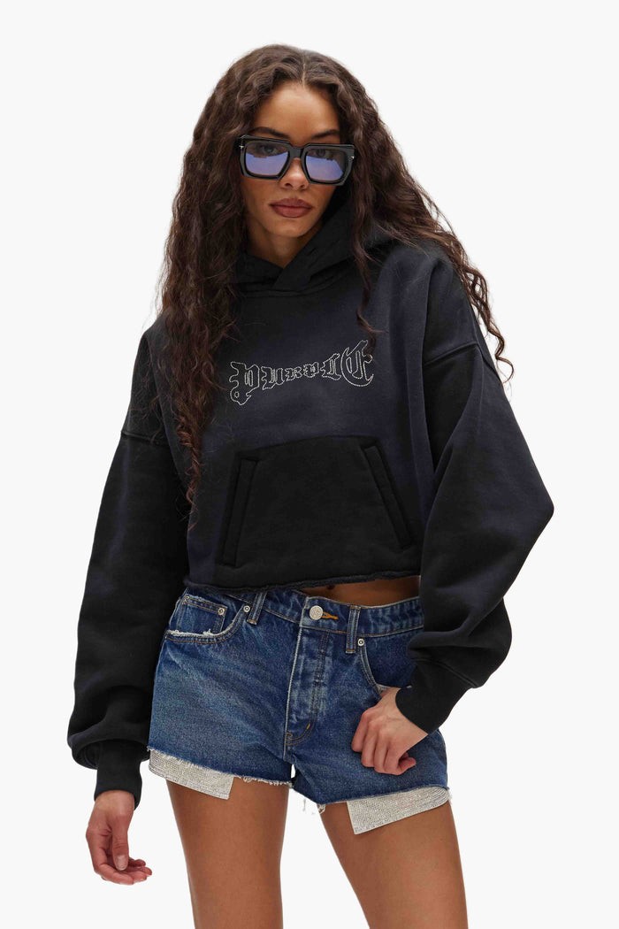 Crystal Cropped Hoodie with oversized fit and kangaroo pocket in white with crystal lettering
